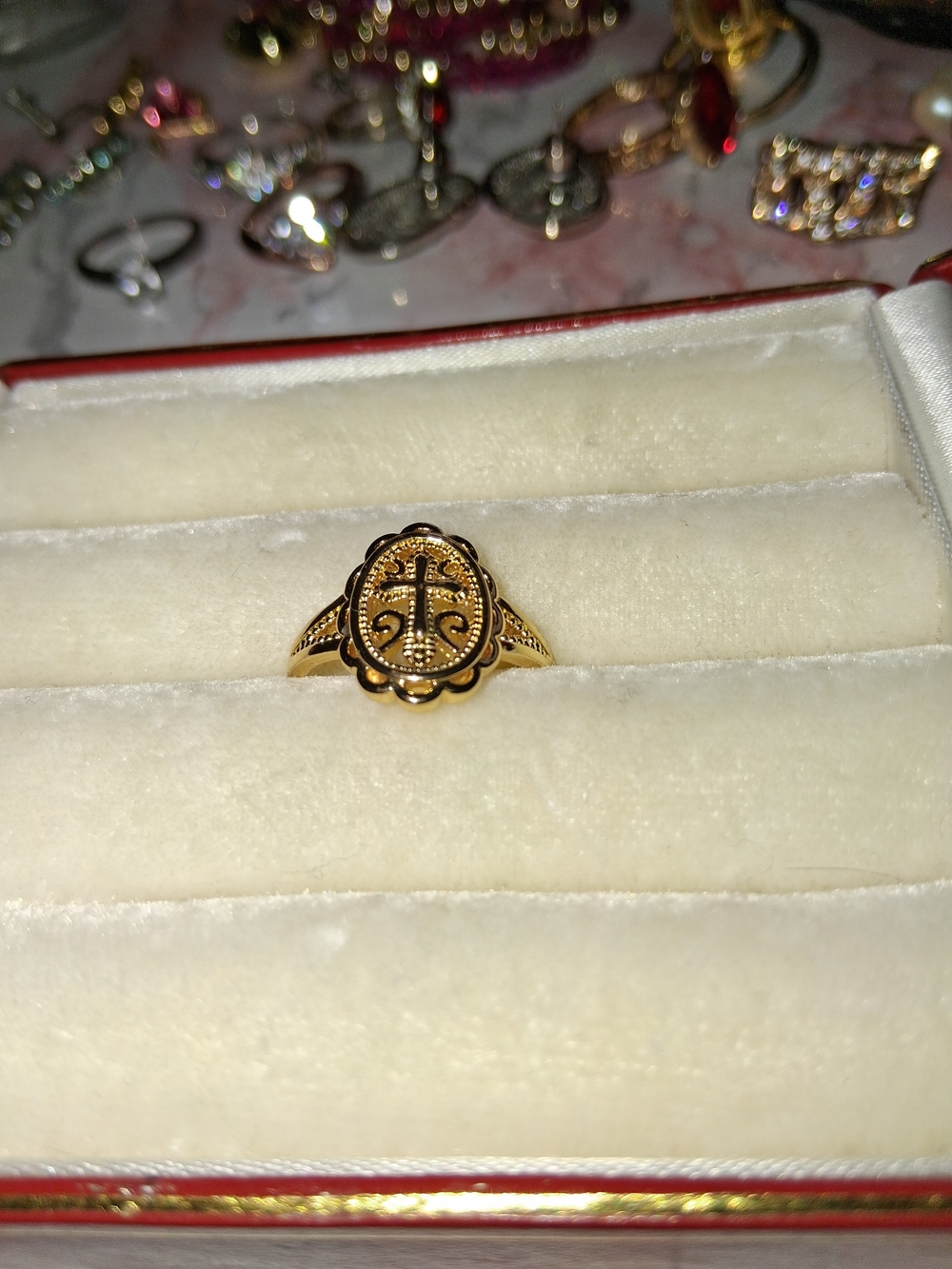 Gold Cross Seal Ring for Women - Elegant Religious Signet